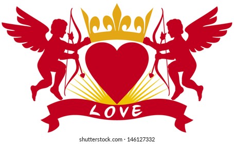 two cupids, heart and crown (valentine's day love design)