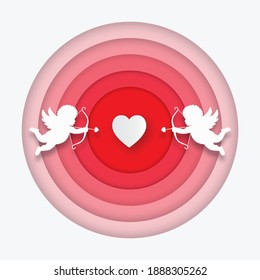 two cupids and heart with red circle  background.Paper art concept.