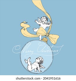 Two cupids plaing with christmas ball.