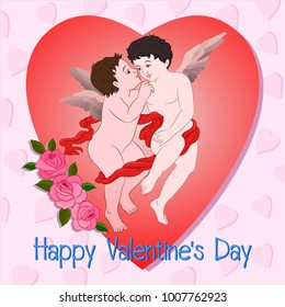 Two cupids in red heart shape with rose flowers, Valentine's card design vector.
