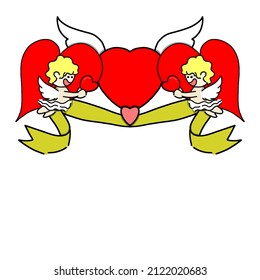 Two cupits carry a red heart and pull a golden ribbon