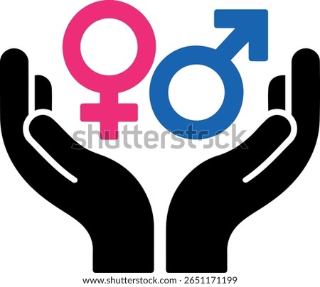 Two cupped hands in black silhouette hold the female (pink) and male (blue) gender symbols, representing care, protection, and equality between genders.