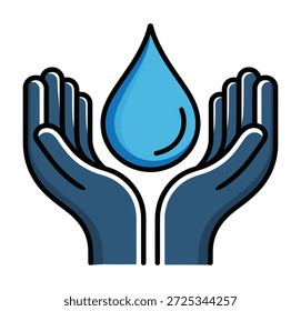 Duas mãos atadas seguram suavemente uma grande gota de água azul, simbolizando o cuidado e a conservação dos recursos hídricos.