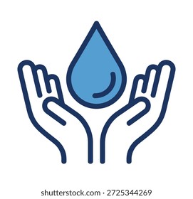 Duas mãos atadas seguram suavemente uma grande gota de água azul, simbolizando o cuidado e a conservação dos recursos hídricos.