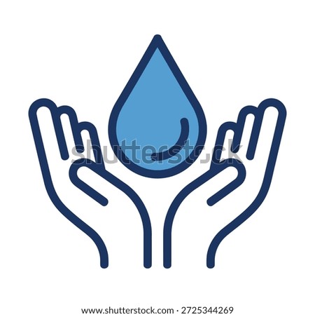 Two cupped hands gently hold a large blue water droplet, symbolizing care and conservation of water resources.