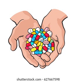 Two cupped hands holding handful, pile of colorful pills, tablets, medicine, sketch style vector illustration on white background. Drawing of cupped hands holding handful, pile of pills, medicine