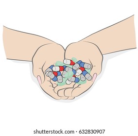 Two cupped hands holding handful, pile of colorful pills, tablets, medicine, sketch style vector illustration on white background.  