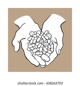 Two cupped hands holding handful, pile of pills, tablets, medicine, black and white sketch style vector illustration on brown background. Drawing of cupped hands holding handful, pile of pills
