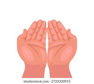 Two cupped human hands, palms open and facing upwards. Flat vector illustration representing concepts of receiving, giving, holding, sharing, or prayer. Isolated on white background.