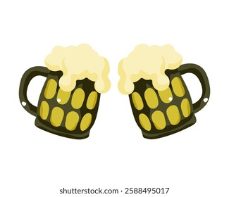 Two cups of beer with foam on top. The cups are yellow and black. The image has a fun and playful mood