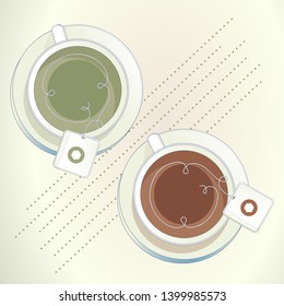 two cups with black and green tea with logo