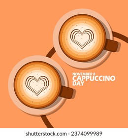 Two cups of cappuccino drinks decorated with hearts on wooden plate, with bold text on light brown background to celebrate National Cappuccino Day on November 8