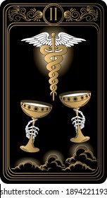 Two of cups. Card of Minor arcana black and gold tarot cards. Tarot deck. Vector hand drawn illustration with occult, mystical and esoteric symbols.