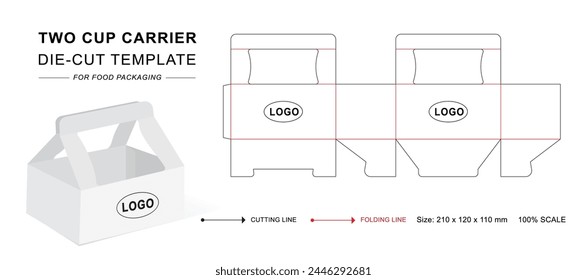 Two cups carrier box with 3D blank vector mockup. Beverage cup holder dieline