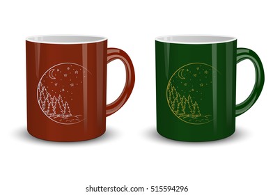 Two cups with Christmas decoration. Vector illustration of hot Christmas