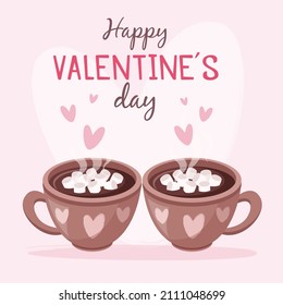 Two cups of cocoa with marshmallow. Pink background with hearts. Cute Valentine's greeting card. 