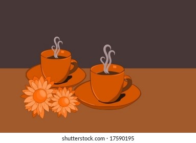 Two cups of coffee in autumn color set