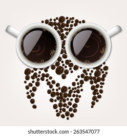 Two cups of coffee with coffee beans forming an owl symbol