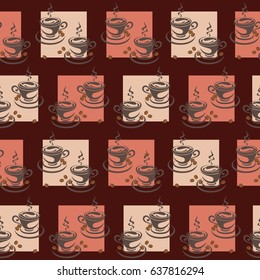 Two cups and coffee beans in the square. Seamless pattern. Design for textiles, tapestries, wrapping paper.