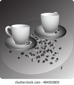 Two cups and coffee beans. Vector image on a gray gradient background.