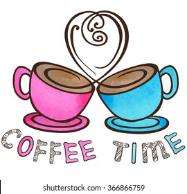 two cups of coffee with blue and pink