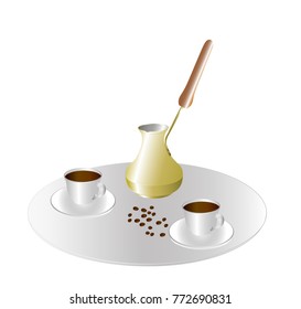 Two cups of coffee and a cezve on a tray. Vector illustration on white background.

