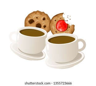 Two cups of coffee with cookies. Vector. Eps 10