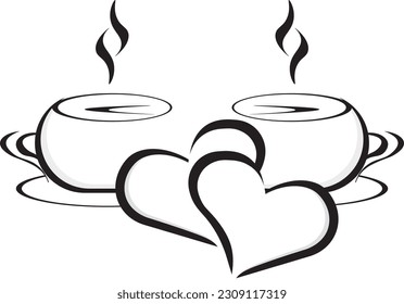 Dos tazas de café con la mano del corazón espuma Dibujar una línea continua. Concepto romántico de cafetería, encuentro, amor, amistad, relación cálida. Ilustración vectorial.