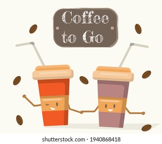 Two cups of coffee, coffee to go concept, smiling cups, flat vector illustration