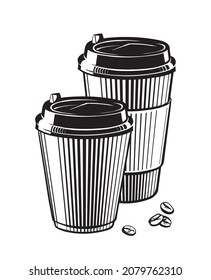 two cups of coffee. hand drawing engraving