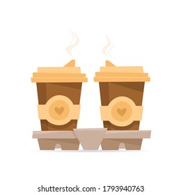 Two cups of coffee in holder. Flat cartoon style vector illustration.