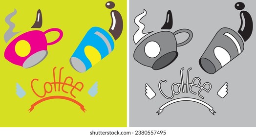 Two cups of coffee, lettering "Coffee" with two wings nearby. Two color variants of composition: monochrome (with strokes) and colored (without strokes). Places for logo.