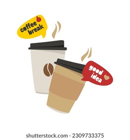 Dos tazas de café con tapa. Café caliente. Es hora de una pausa para el café, buena idea. El concepto de diálogo, amigos, compañeros de descanso y relajación.