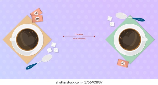 Two cups of coffee love. concept of taking a cup of coffee keeping a social distancing. vector, illustration