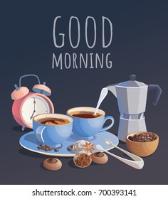 Two cups of coffee and coffee maker with buiscuits and alarm clock. Vector clip art