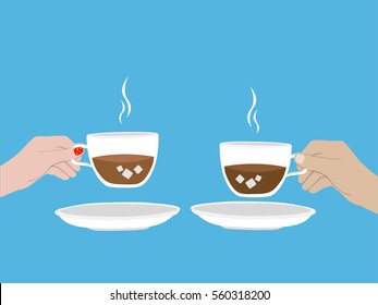 Two cups of Coffee with man hand with woman hand