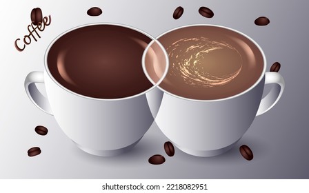 Dos tazas de café sobre un fondo con granos de café