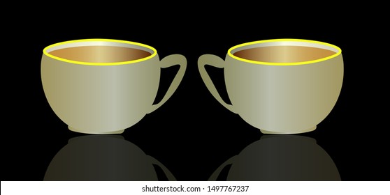Two cups of coffee on a dark background, gold ceramic cups, stylish toning, space for text. Vector illustration.