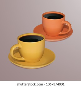 Two cups of coffee on a light background, realistic, yellow and orange cups with coffee