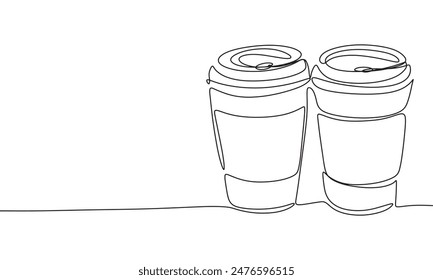 Two cups of coffee one line continuous. Two cups take away line art. Hand drawn vector art.