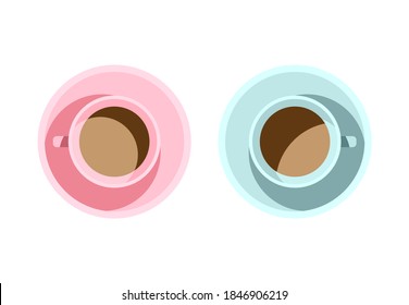 Two cups of coffee, pink and blue isolated on white background, vector illustration.
