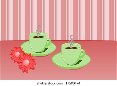 Two cups of coffee in pink setting