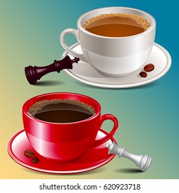 Two cups of coffee, red and white with chess pieces, a white king and a black queen.