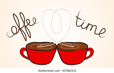 Two Cups of Coffee with Rising Steam a Shape of Heart