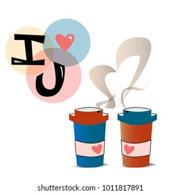 two cups of coffee and sign I love you in circles of different color for card, clothes, site or menu design. may be used for st valentines day. vector isolated.