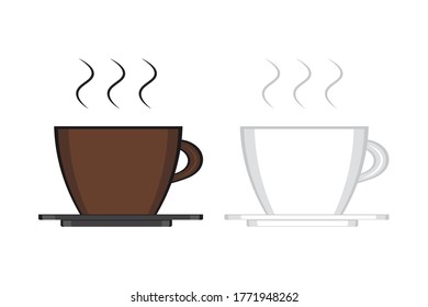 Two cups of coffee with smoke isolated on white background. Vector illustration of brown and white cups in flat style. Decorative design for cafeterias, posters, banners, cards.