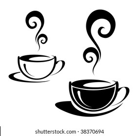 The two cups of coffee with spiral steam. Black and white image. Illustration can be used to design menu restaurant or cafe.