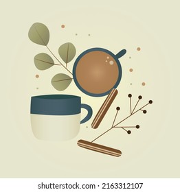 
dos tazas de café, brotes de plantas y dulces. hora del café. la ilustración vectorial se puede utilizar como fondo o fondo.