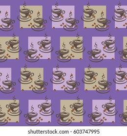Two cups of coffee in the squares. Purple background. Seamless pattern. Design for textiles, wall hangings, wrapping paper.