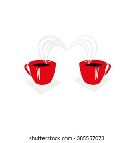 Two cups of coffee with steam in the form of heart
